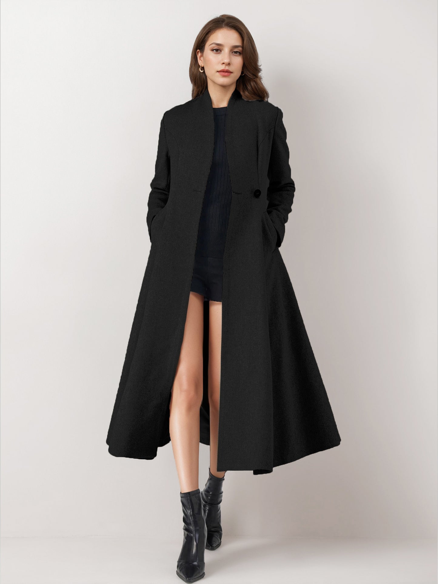 Wool Blend Flared Coat For Woman One Button Gray A-line Winter Midi Outerwear 2026