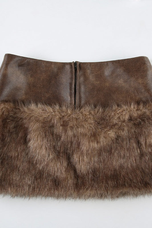 Low-Rise Fuzzy Leather Paneled Mini Skirt