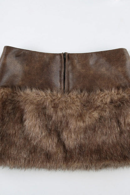 Low-Rise Fuzzy Leather Paneled Mini Skirt