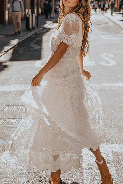 v neck short sleeve lace dress