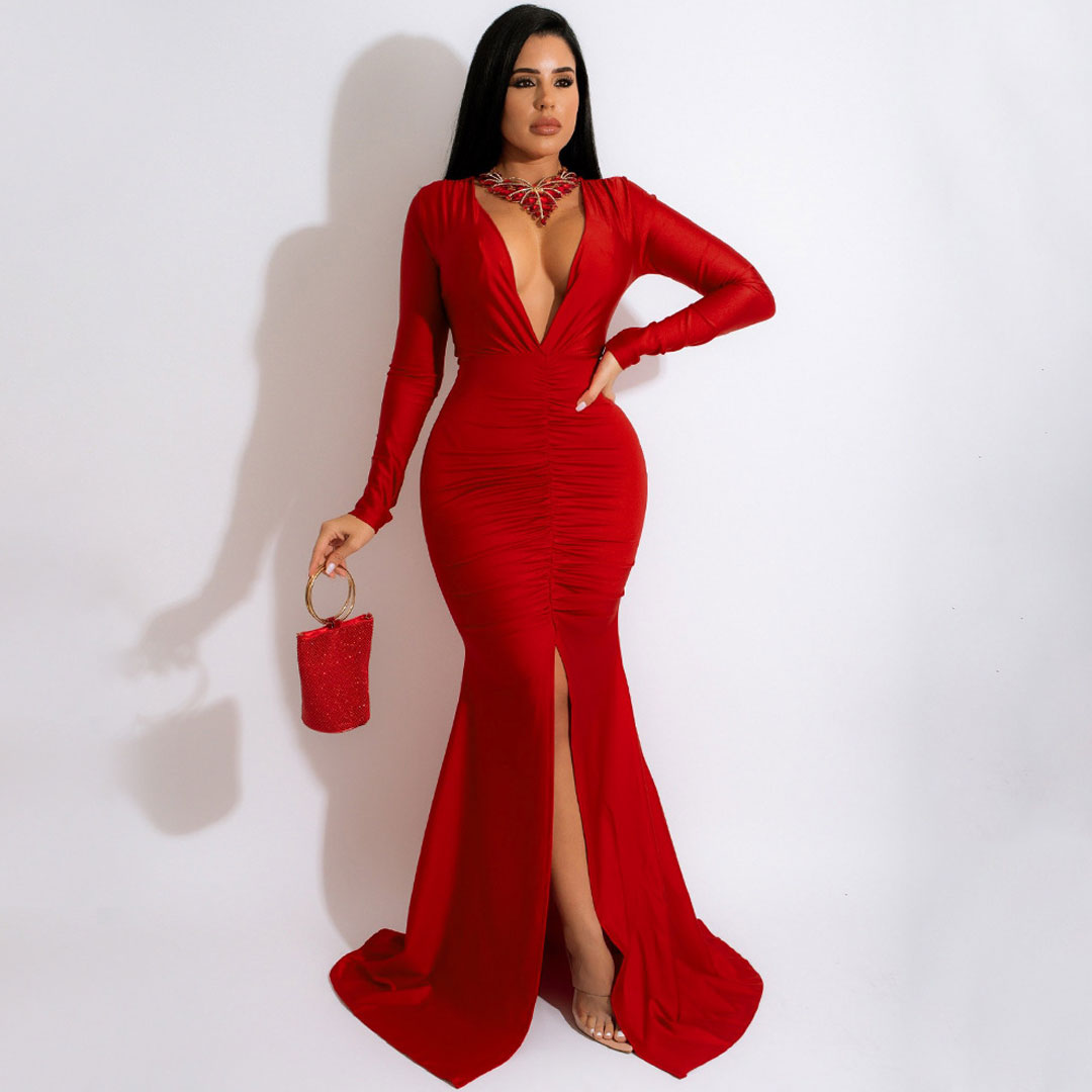 Deep V Ruched Long Sleeve Front Slit Mermaid Maxi Dress