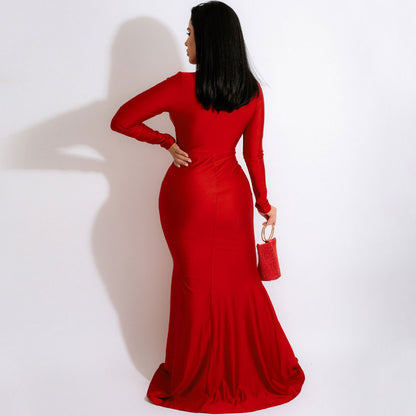 Deep V Ruched Long Sleeve Front Slit Mermaid Maxi Dress