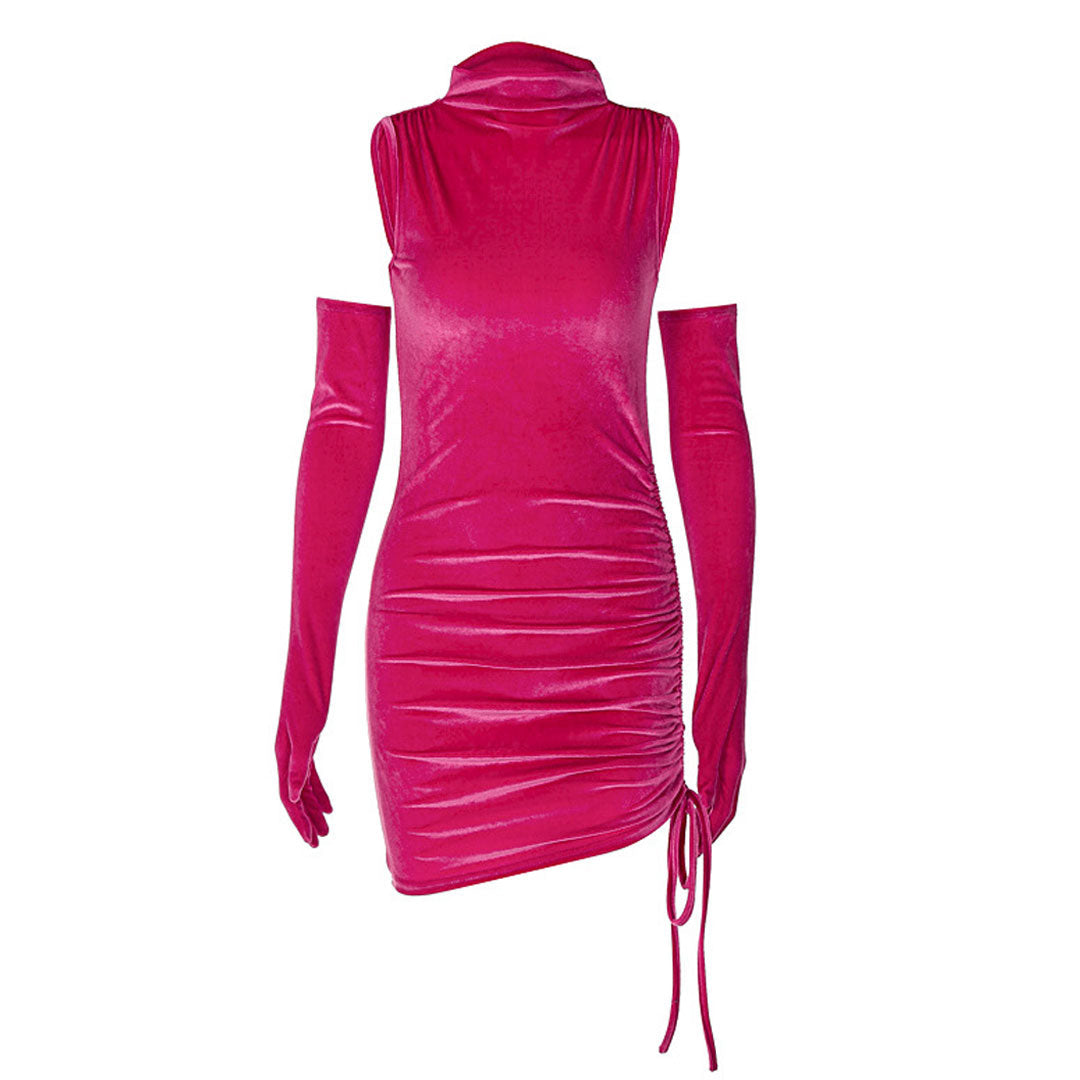 Mock Neck Velvet Long Glove Side Ruched Drawstring Bodycon Mini Dress