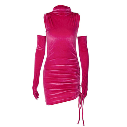 Mock Neck Velvet Long Glove Side Ruched Drawstring Bodycon Mini Dress