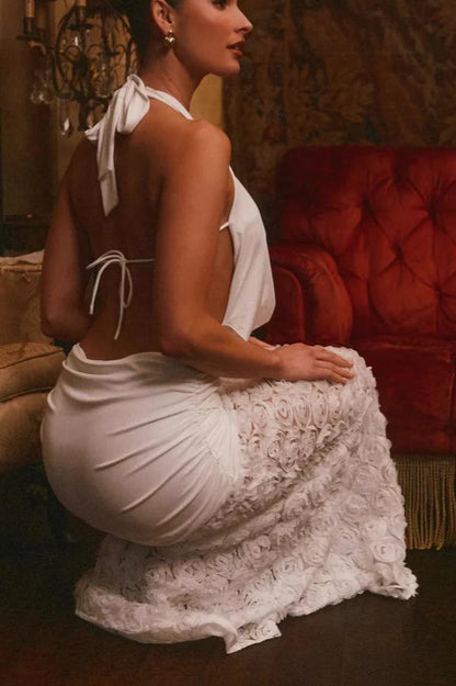 Backless Floral Appliqué Strappy Maxi Dress