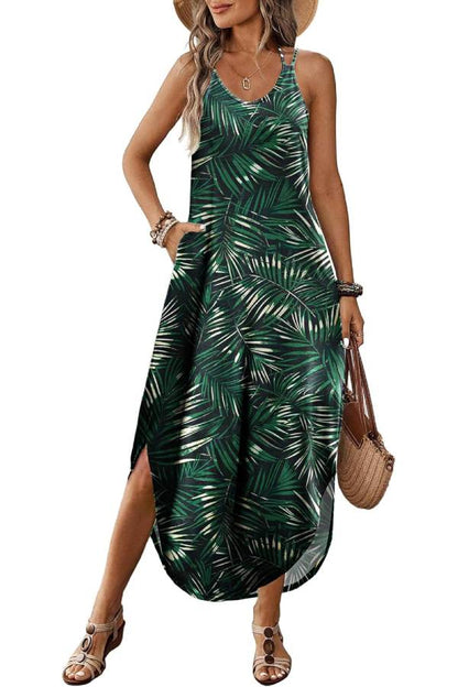 Casual V-neck halter slit bohemian beach resort maxi dress