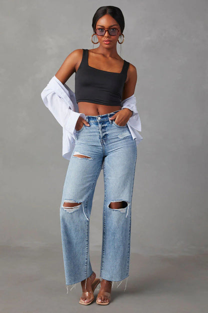 Ripped Raw Hem High Waist Jean