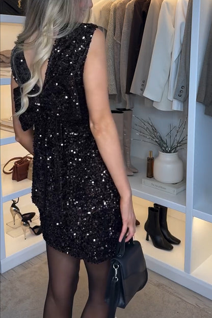 Glam Season Velvet Sequin Back Oversized Bow Design Sleeveless Loose Mini Dress