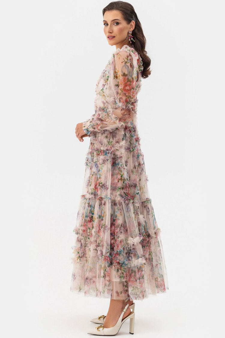Mock Neck Bishop Sleeve Floral Tulle Tiered Ruffle Maxi Gown