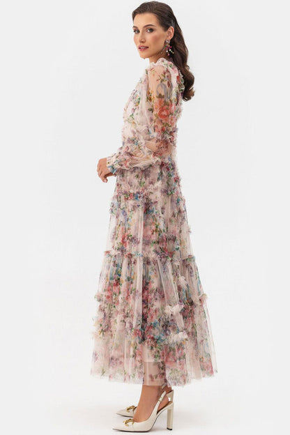 Mock Neck Bishop Sleeve Floral Tulle Tiered Ruffle Maxi Gown