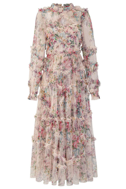 Mock Neck Bishop Sleeve Floral Tulle Tiered Ruffle Maxi Gown
