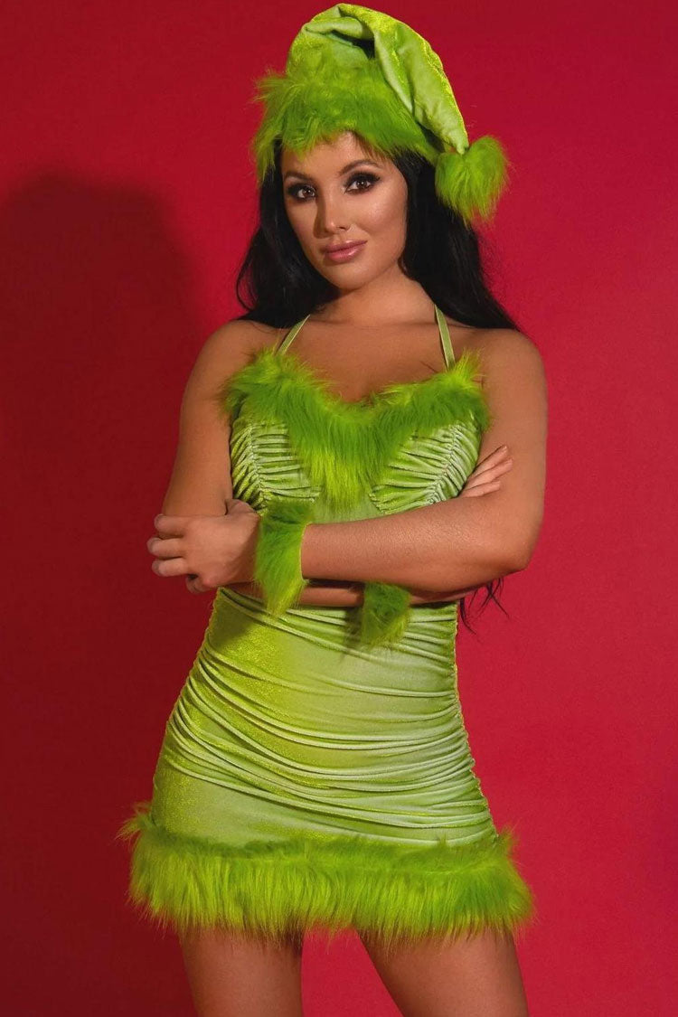 Faux Fur Trim Ruched Velvet Halter Christmas Costume Mini Dress