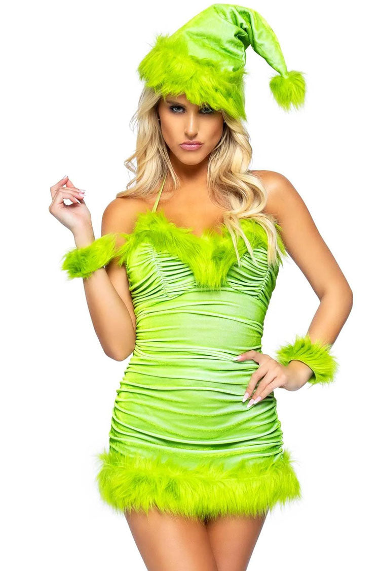 Faux Fur Trim Ruched Velvet Halter Christmas Costume Mini Dress