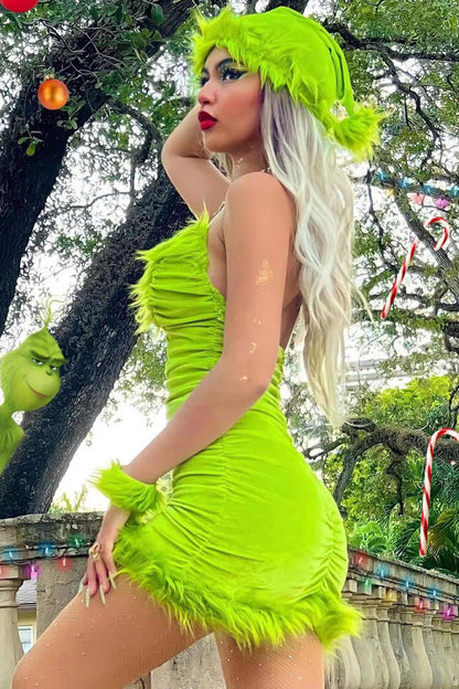 Faux Fur Trim Ruched Velvet Halter Christmas Costume Mini Dress