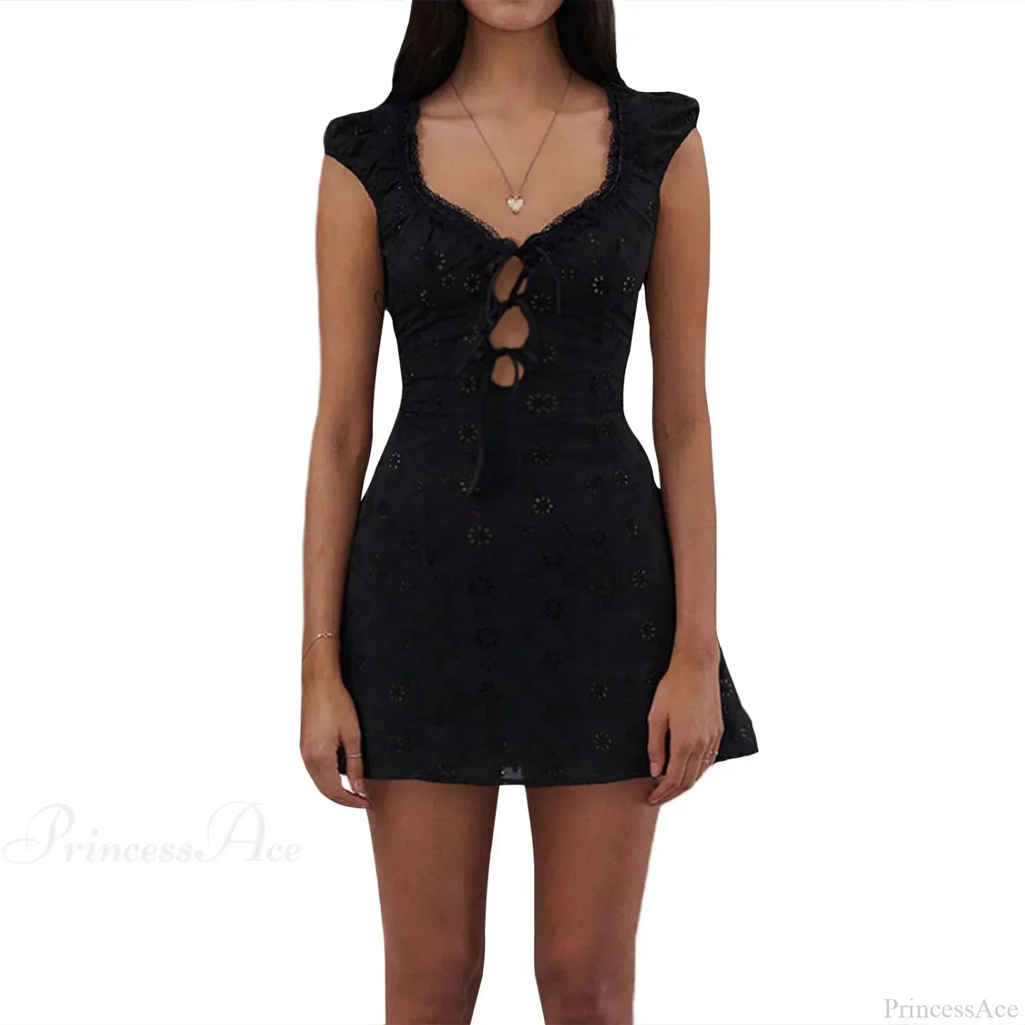 Eyelet Lace Corset Lace-Up Ribbon Tie Cap Sleeve Scoop Neck Mini Dress
