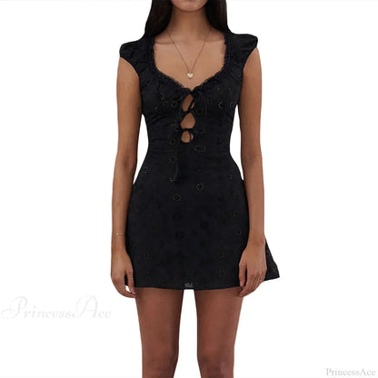 Eyelet Lace Corset Lace-Up Ribbon Tie Cap Sleeve Scoop Neck Mini Dress