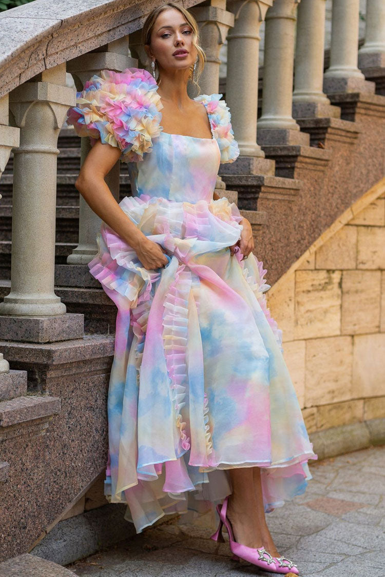 Organza Square Neck Tiered Ruffle Puff Sleeve Floral Print Tea Length Dress