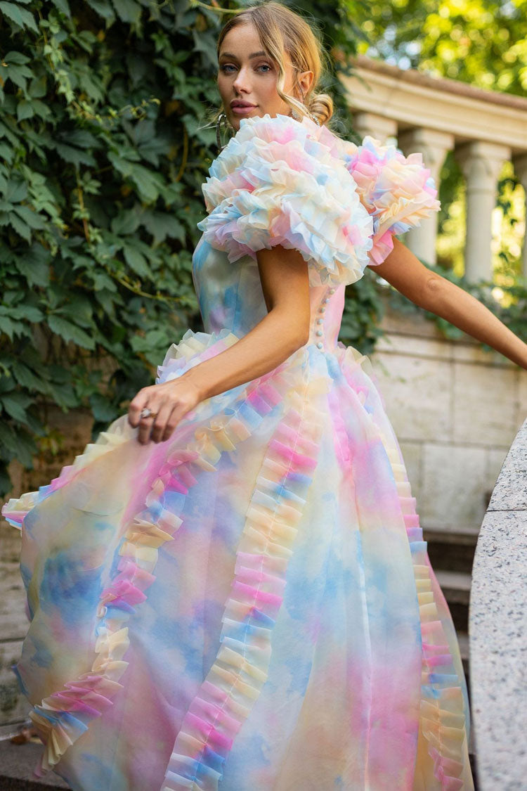 Organza Square Neck Tiered Ruffle Puff Sleeve Floral Print Tea Length Dress