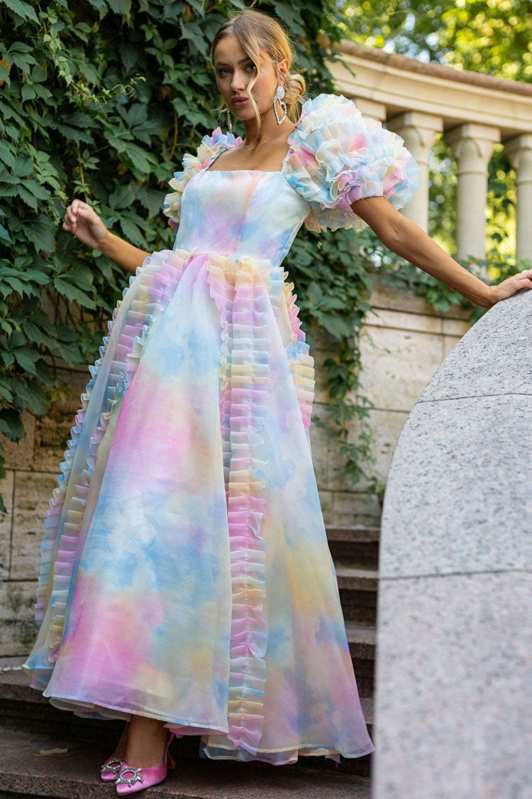 Organza Square Neck Tiered Ruffle Puff Sleeve Floral Print Tea Length Dress