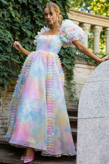 Organza Square Neck Tiered Ruffle Puff Sleeve Floral Print Tea Length Dress