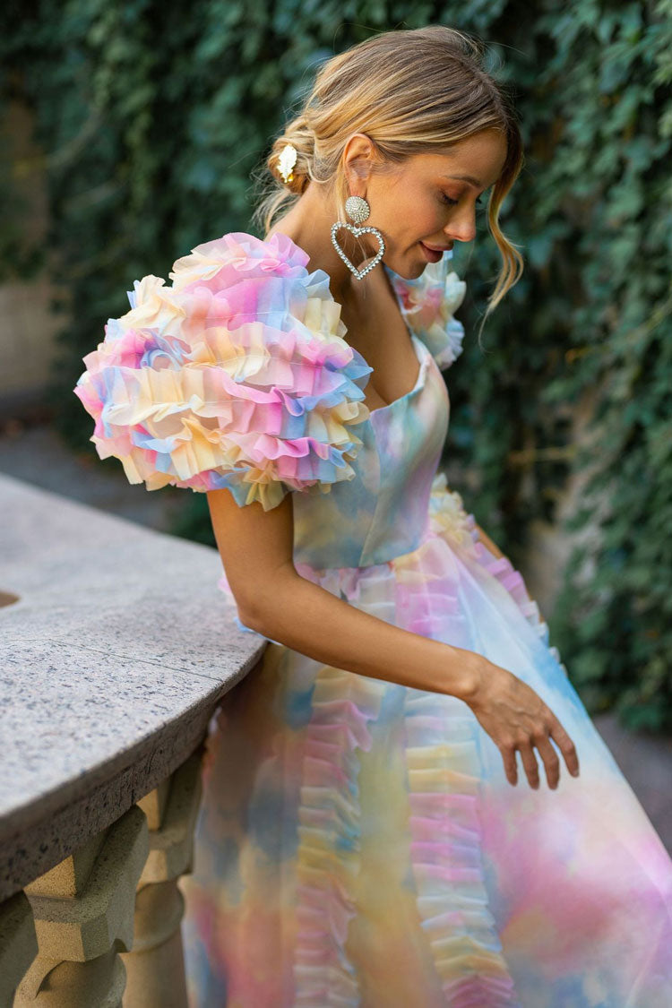 Organza Square Neck Tiered Ruffle Puff Sleeve Floral Print Tea Length Dress