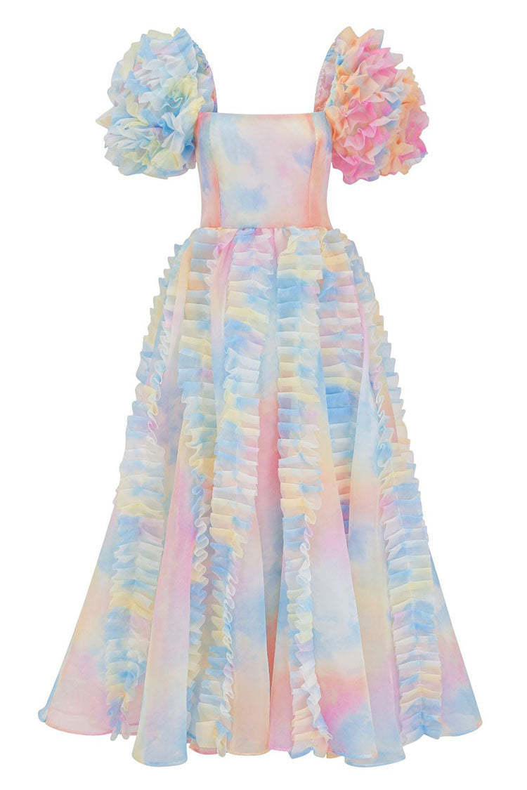 Organza Square Neck Tiered Ruffle Puff Sleeve Floral Print Tea Length Dress