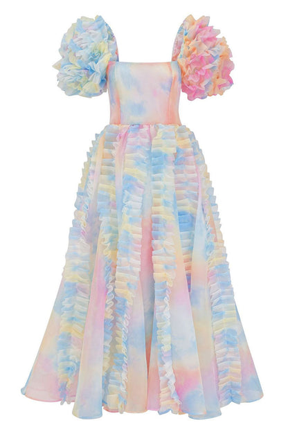 Organza Square Neck Tiered Ruffle Puff Sleeve Floral Print Tea Length Dress