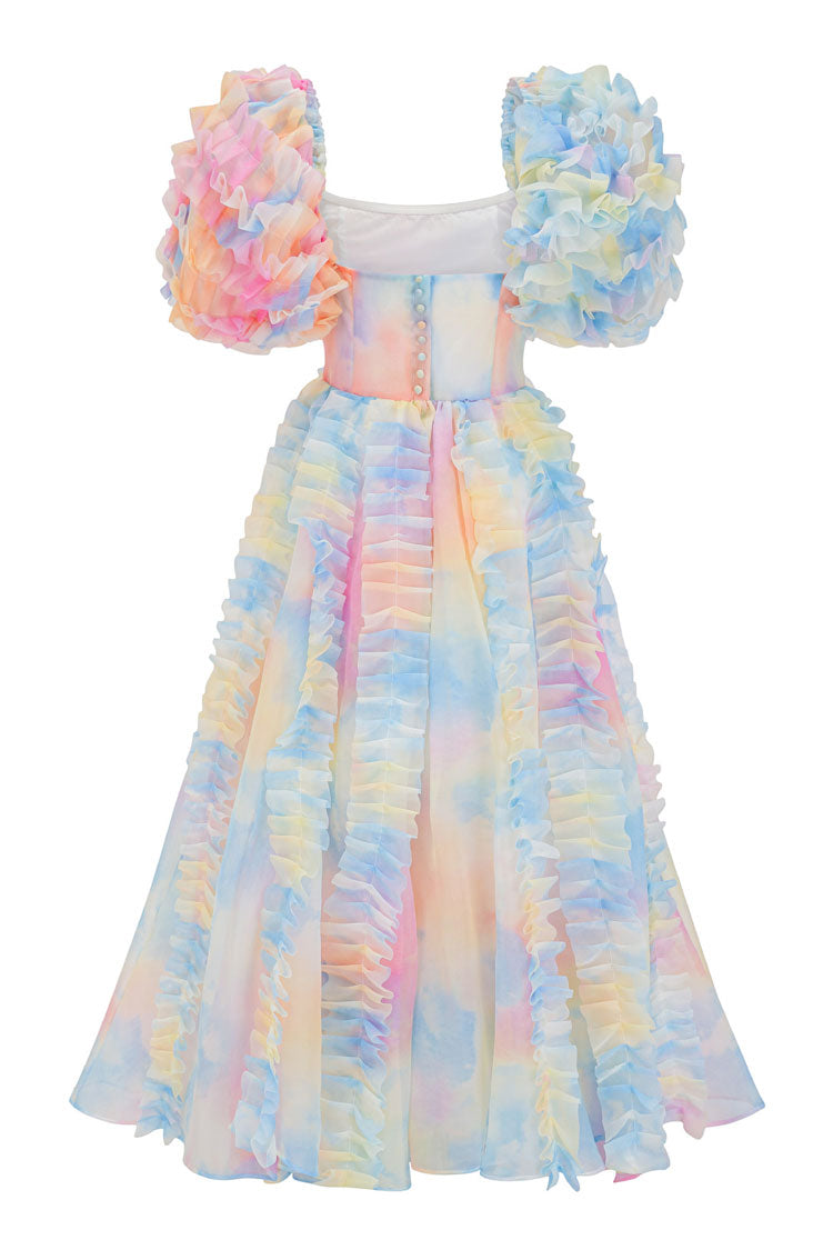 Organza Square Neck Tiered Ruffle Puff Sleeve Floral Print Tea Length Dress