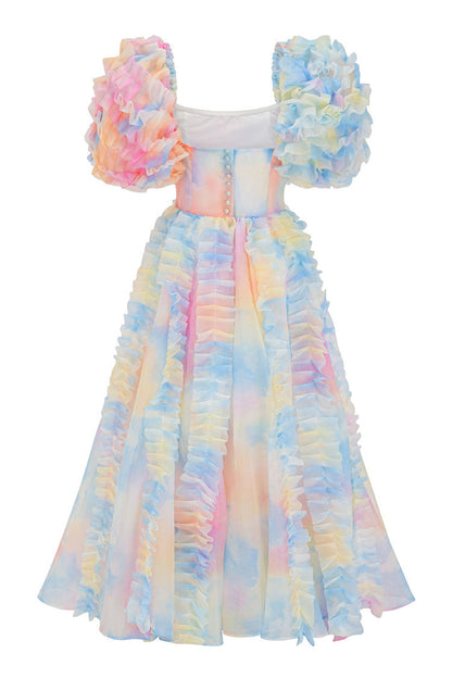 Organza Square Neck Tiered Ruffle Puff Sleeve Floral Print Tea Length Dress