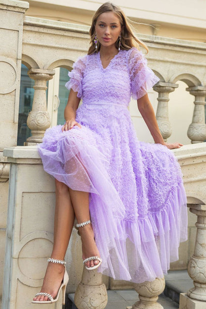 Swiss Dot Tiered Ruffle V-Neck Flutter Sleeve Tulle Maxi Gown
