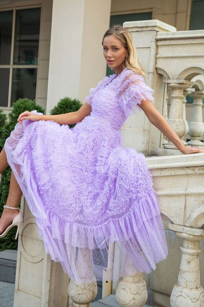 Swiss Dot Tiered Ruffle V-Neck Flutter Sleeve Tulle Maxi Gown