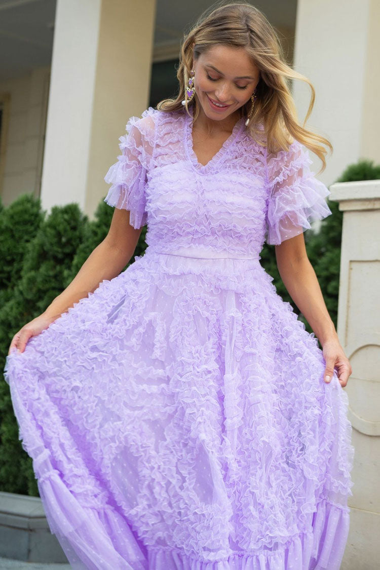 Swiss Dot Tiered Ruffle V-Neck Flutter Sleeve Tulle Maxi Gown