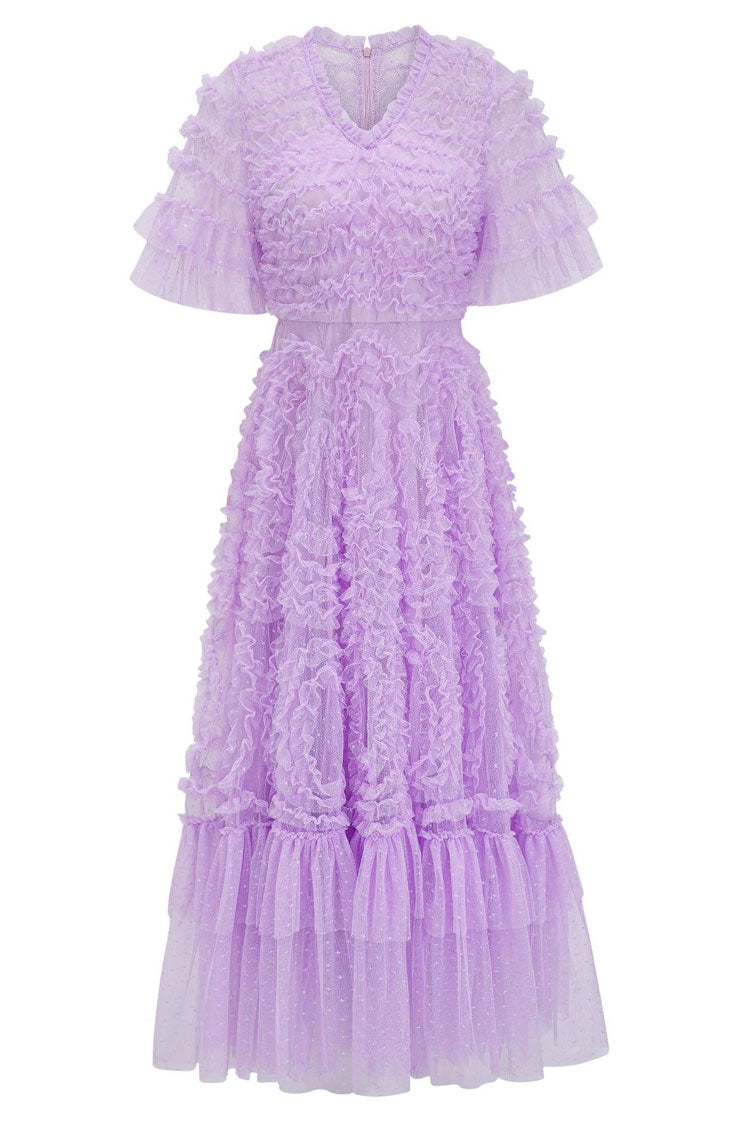 Swiss Dot Tiered Ruffle V-Neck Flutter Sleeve Tulle Maxi Gown