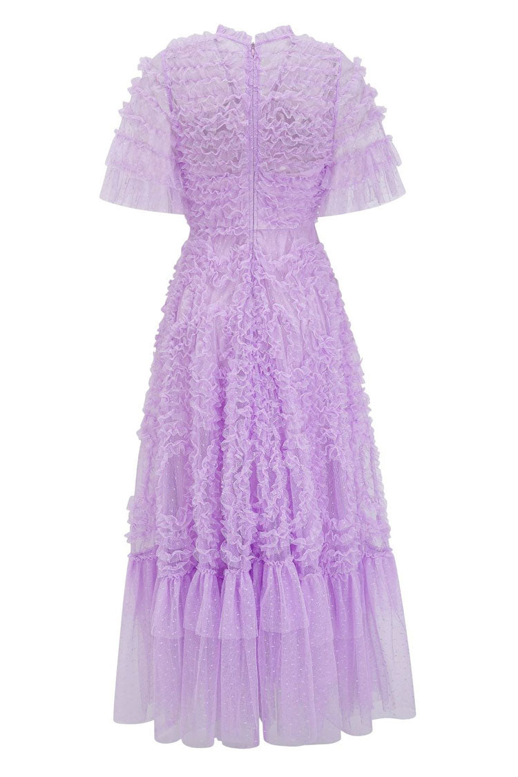 Swiss Dot Tiered Ruffle V-Neck Flutter Sleeve Tulle Maxi Gown