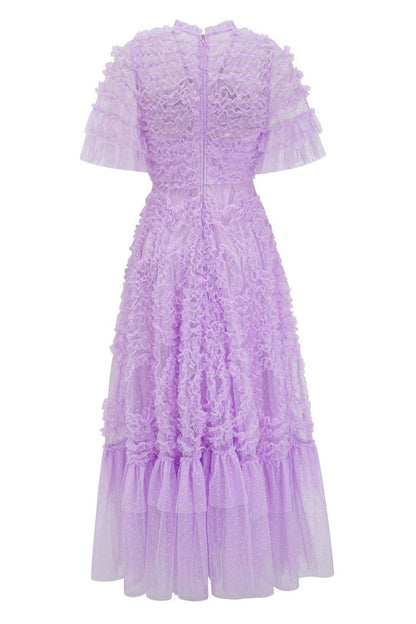 Swiss Dot Tiered Ruffle V-Neck Flutter Sleeve Tulle Maxi Gown