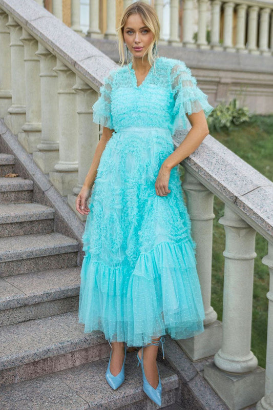 Swiss Dot Tulle Tiered Ruffle Flutter Sleeve V-Neck Tea Length Dress