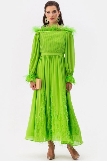 Feather Trim Off Shoulder Pleated Bodice Bishop Sleeve Chiffon Maxi Dress