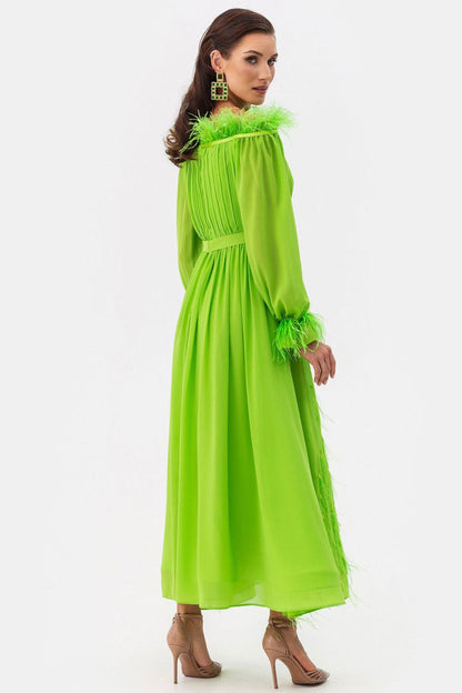 Feather Trim Off Shoulder Pleated Bodice Bishop Sleeve Chiffon Maxi Dress