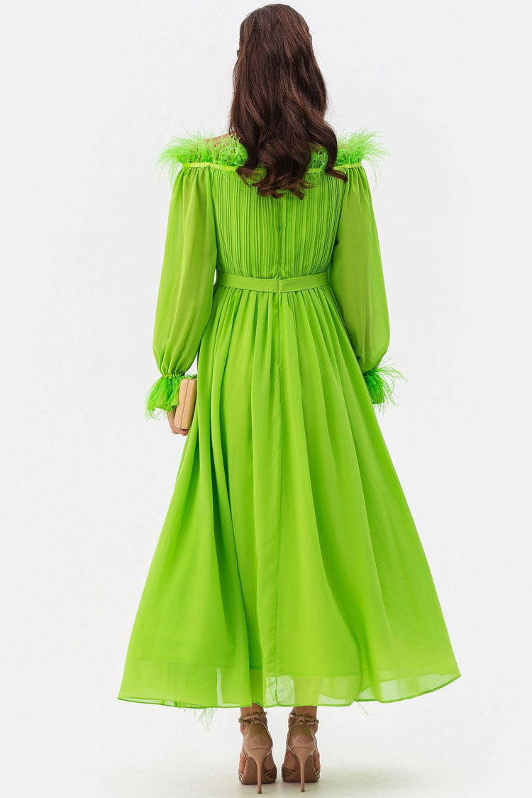 Feather Trim Off Shoulder Pleated Bodice Bishop Sleeve Chiffon Maxi Dress