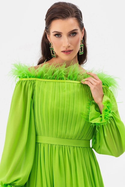 Feather Trim Off Shoulder Pleated Bodice Bishop Sleeve Chiffon Maxi Dress