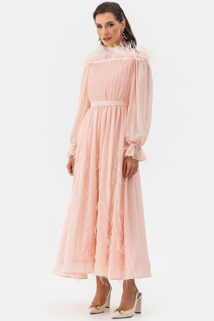 Feather Trim Off Shoulder Pleated Bodice Bishop Sleeve Chiffon Maxi Dress