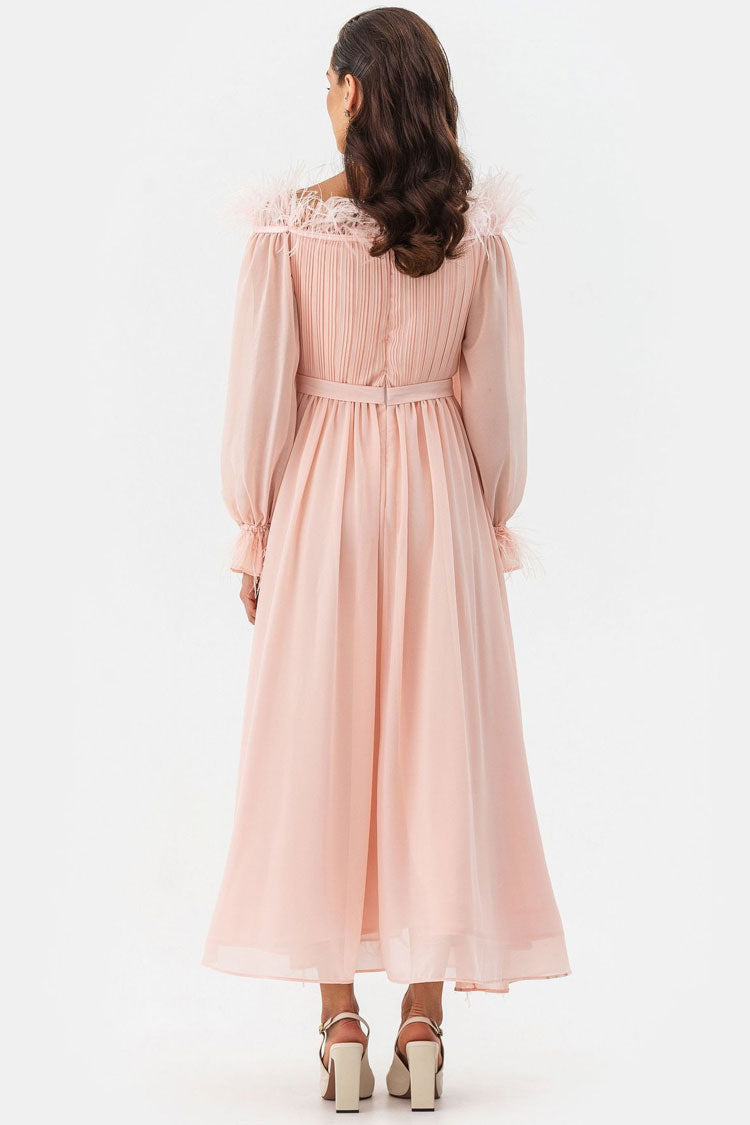 Feather Trim Off Shoulder Pleated Bodice Bishop Sleeve Chiffon Maxi Dress