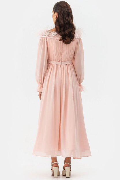 Feather Trim Off Shoulder Pleated Bodice Bishop Sleeve Chiffon Maxi Dress