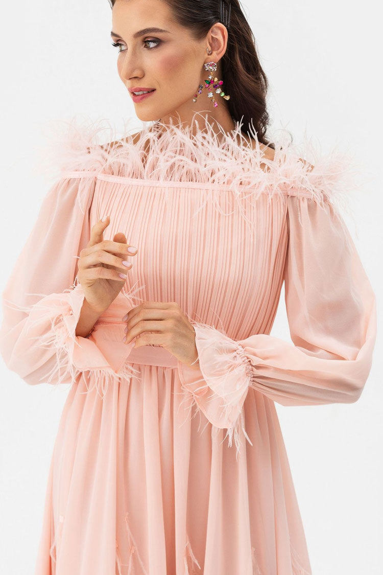 Feather Trim Off Shoulder Pleated Bodice Bishop Sleeve Chiffon Maxi Dress