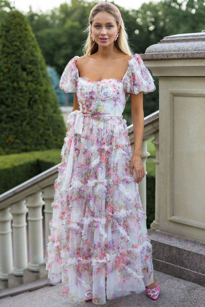 Floral Tulle Puff Sleeve Bow Tie Tiered Ruffle Maxi Gown