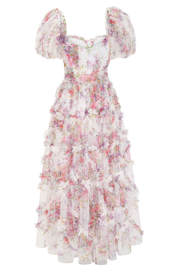 Floral Tulle Puff Sleeve Bow Tie Tiered Ruffle Maxi Gown