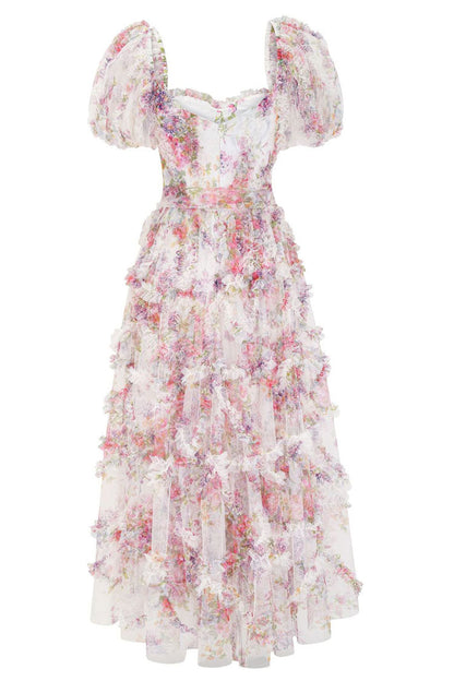 Floral Tulle Puff Sleeve Bow Tie Tiered Ruffle Maxi Gown