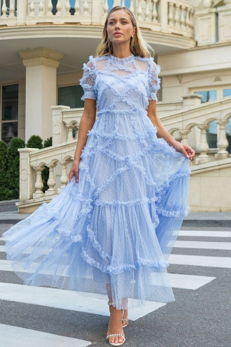 Mock Neck Swiss Dot Tulle Puff Sleeve Tiered Ruffle Midi Gown