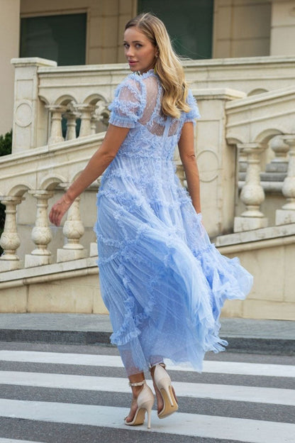 Mock Neck Swiss Dot Tulle Puff Sleeve Tiered Ruffle Midi Gown