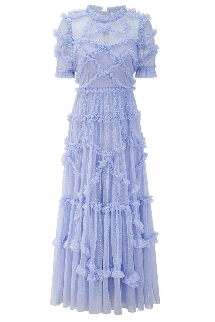 Mock Neck Swiss Dot Tulle Puff Sleeve Tiered Ruffle Midi Gown